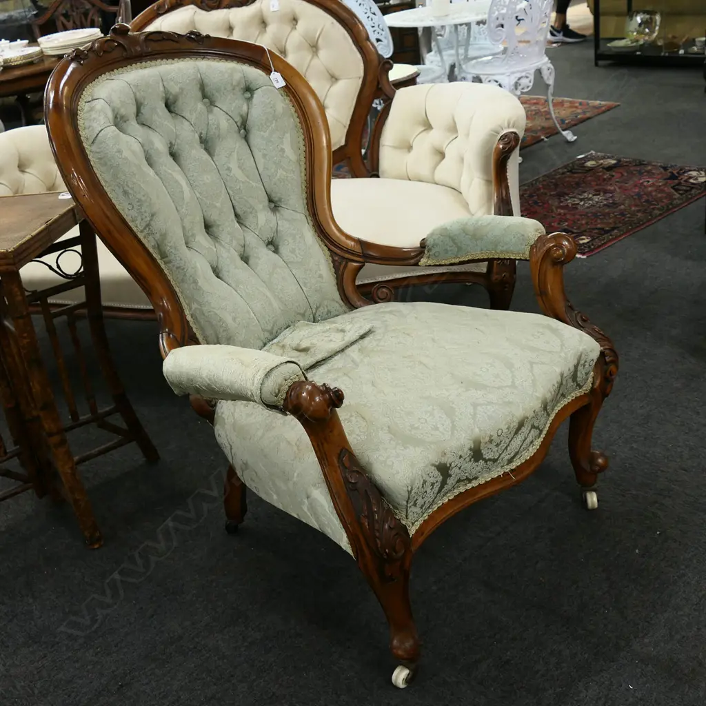 VICTORIAN GRAND FATHER CHAIR; GREEN UPHOLSTERY Image 1++