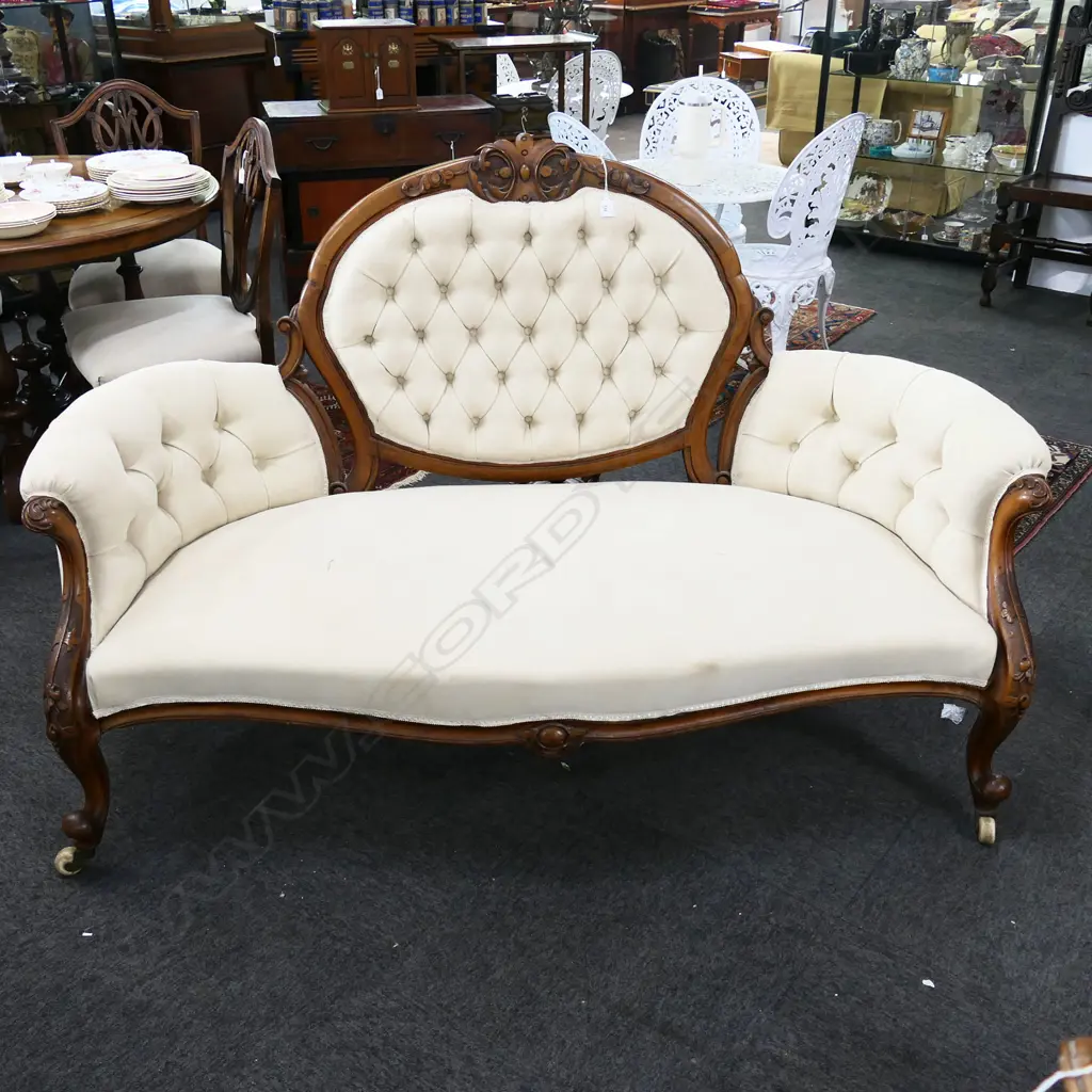 EARLY 20thC SOFA; CREAM UPHOLSTERY 1580x700x1030mm Image 1++