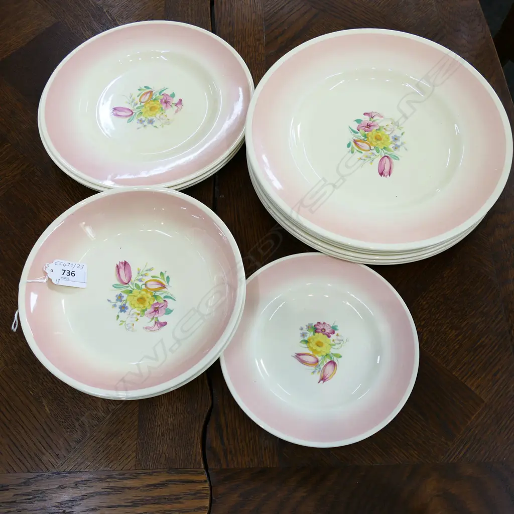 13PC SUSIE COOPER PINK SWANSEA SPRAY 6 DINNER + 3 LUNCH + 1 SIDE PLATES, 3 BOWLS Image 1++