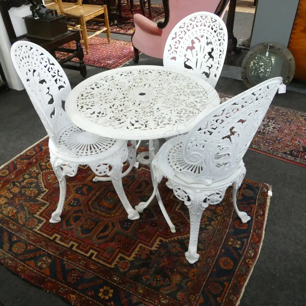 OUTDOOR WHITE METAL TABLE 700mm dia + THREE CHAIRS Image 1++