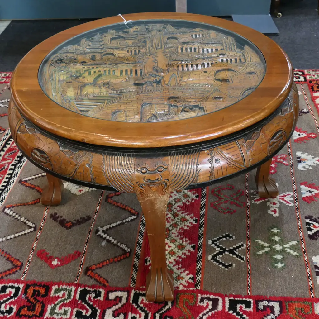 GLASS TOP ORIENTAL CARVED CIRCULAR TABLE Dia.750 H.510mm Image 1++
