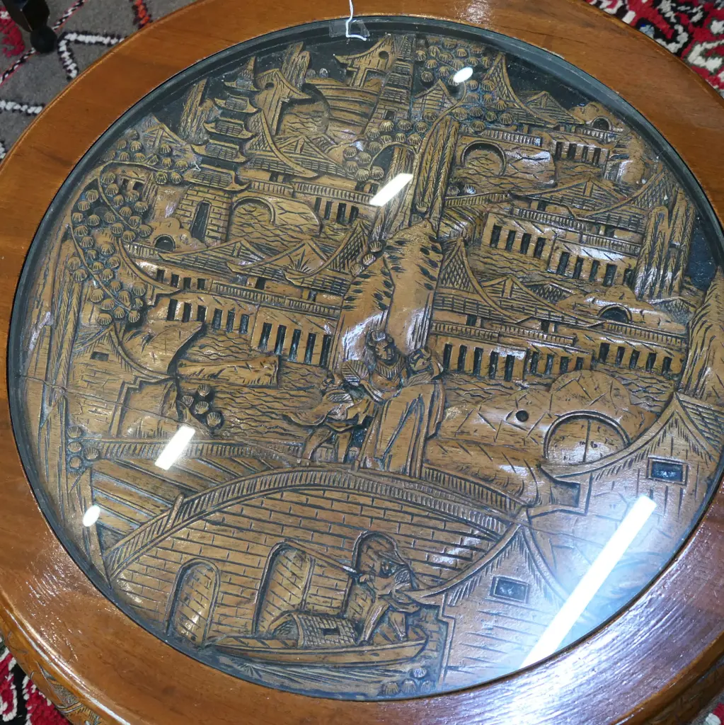 GLASS TOP ORIENTAL CARVED CIRCULAR TABLE Dia.750 H.510mm Image 1++