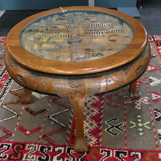 GLASS TOP ORIENTAL CARVED CIRCULAR TABLE Dia.750 H.510mm