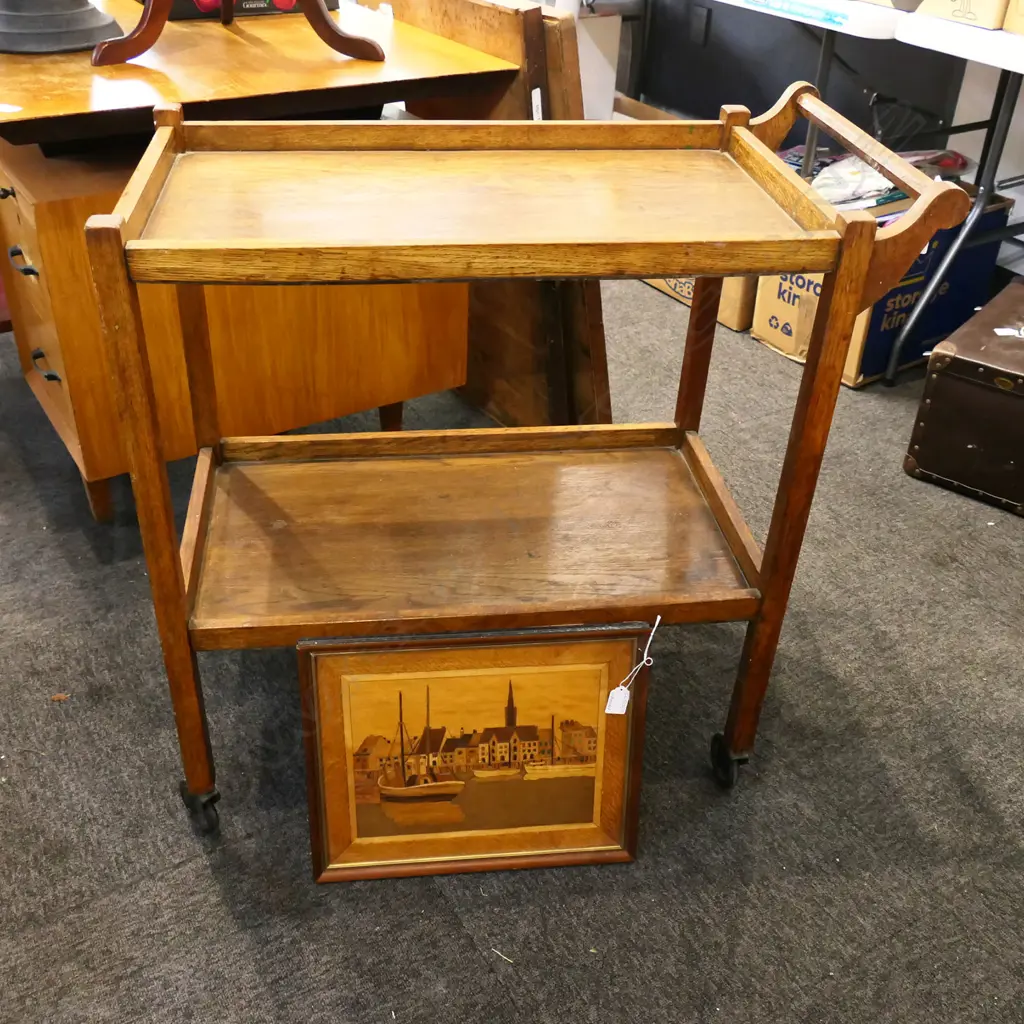 OAK TEA TROLLEY W.770mm + WOOD VENEER ARTWORK 325x390mm Image 1++
