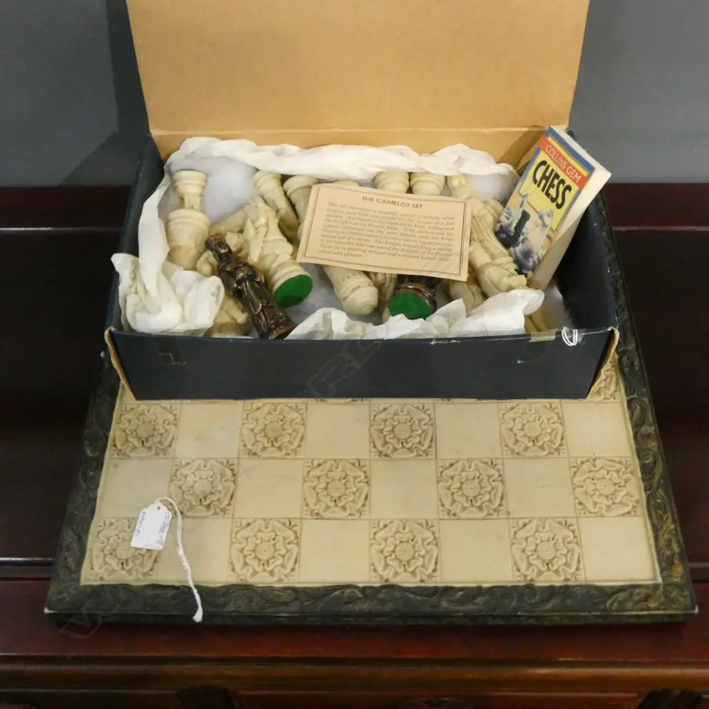 VINTAGE CHESS SET, 'THE CAMELOT SET', TAKAKA MARBLE by CRISAN CRAFT, H.130mm (KING PC), BOARD 460 x 460mm Image 1++