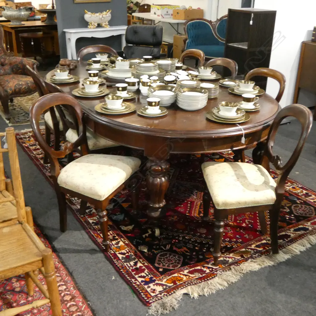 VICTORIAN MAHOGANY D END DINING TABLE w. 2 LEAVES + 8 BALLOON BACK CHAIRS Image 1++