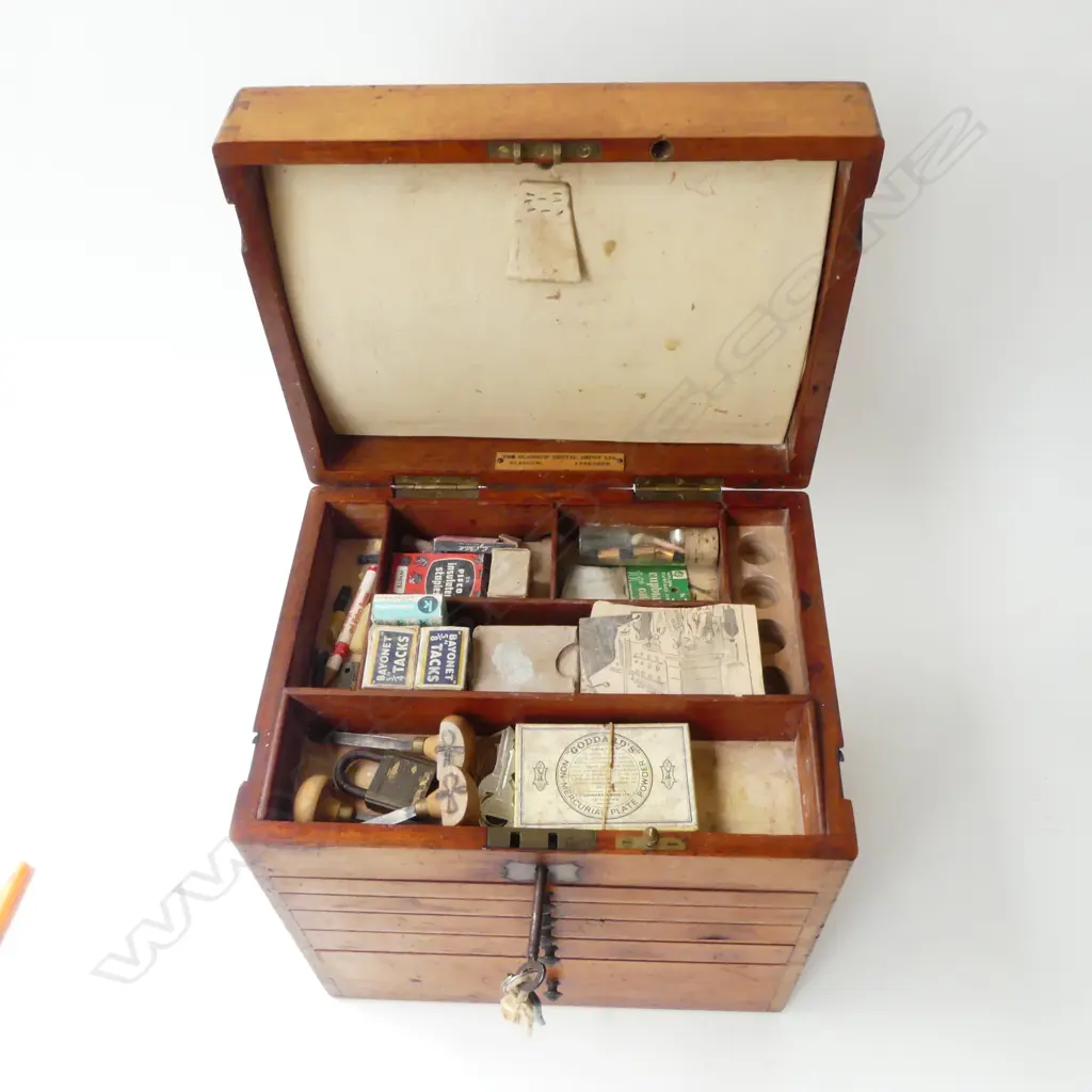 WOODEN DENTAL BOX WITH ASST TOOLS labelled The Glasgow Dental Depot Ltd... Image 1++