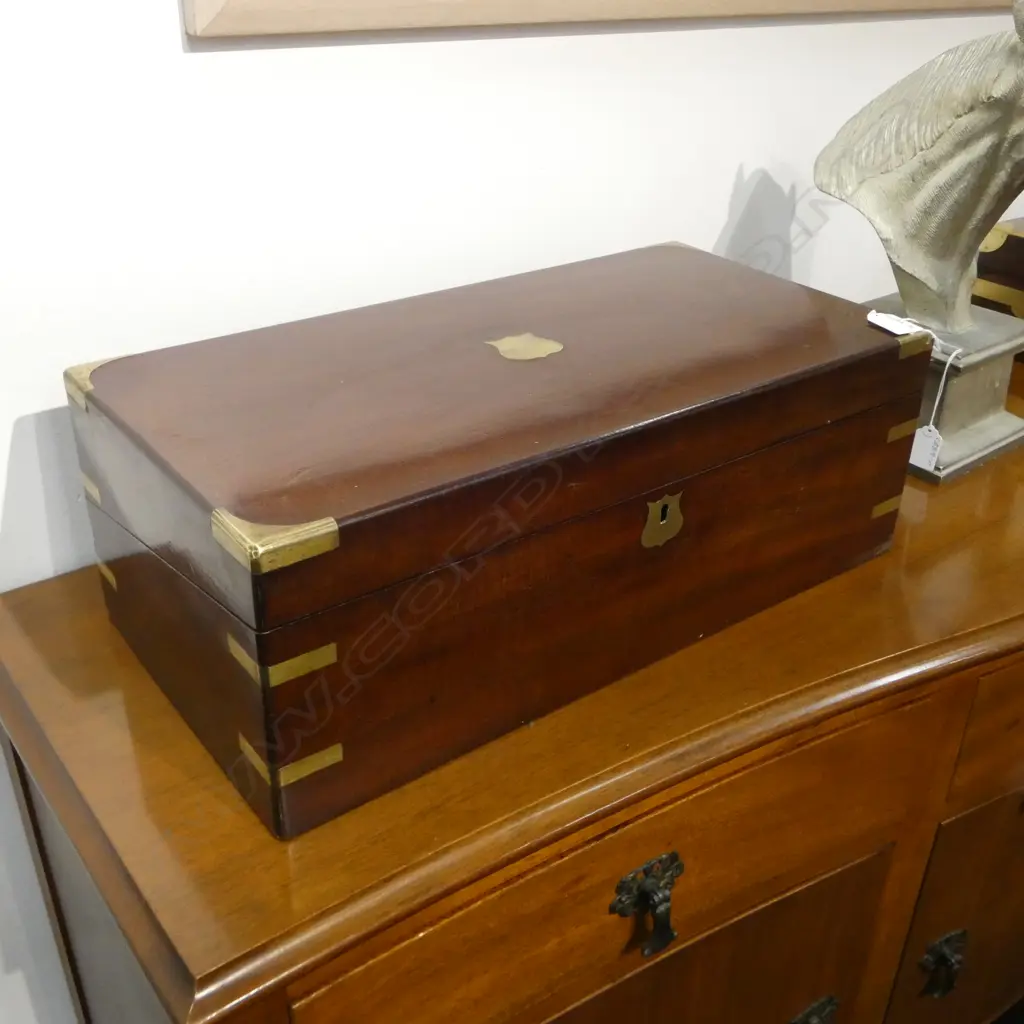 MAHOGANY BRASS BOUND WRITING BOX; New tooled leather, 500x250x170mm Image 1++