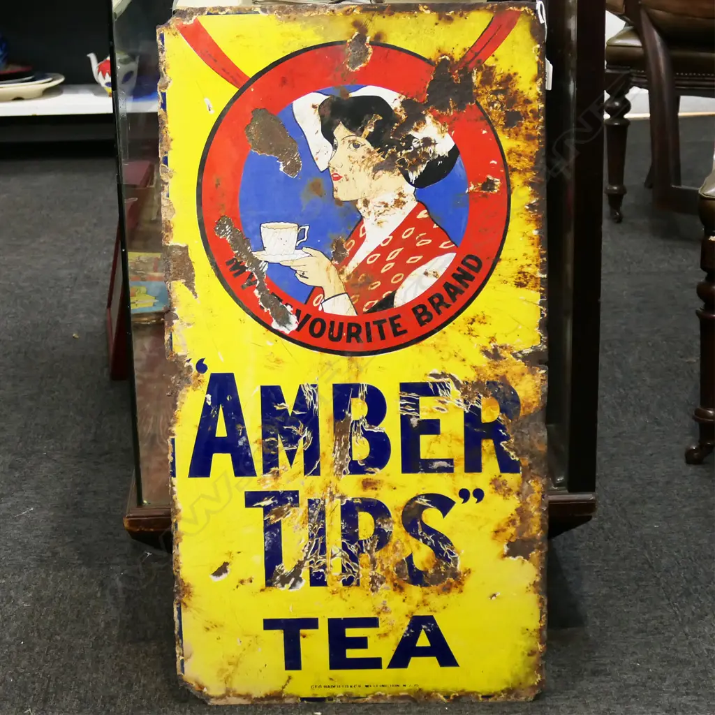 OLD ENAMEL SIGN,'AMBER TIPS TEA' , 'GEO HADFIELD & CO WELLINGTON NZ' TO BASE, SOME LGE  LOSS 880X60mm Image 1++