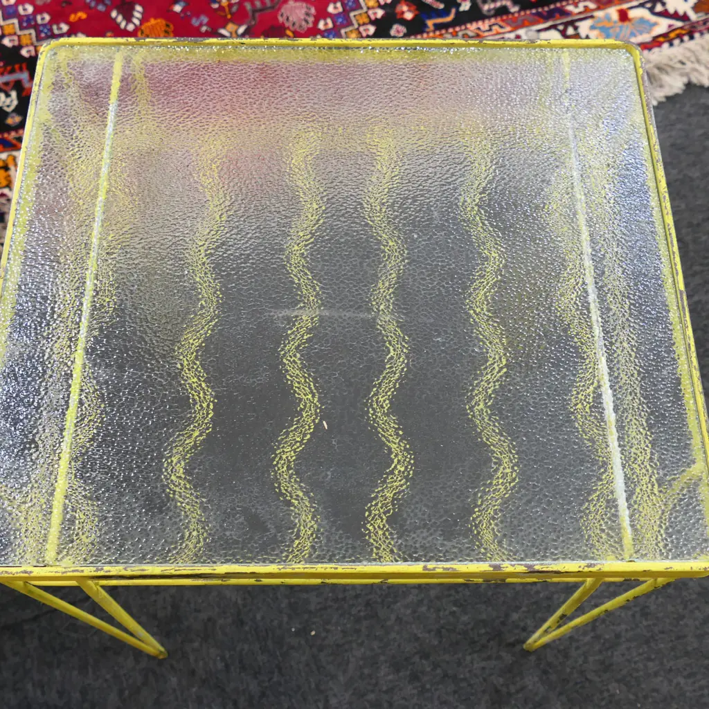 RETRO YELLOW PAINTED METAL SIDE TABLE, GLASS TOP 420x370x585mm Image 1++