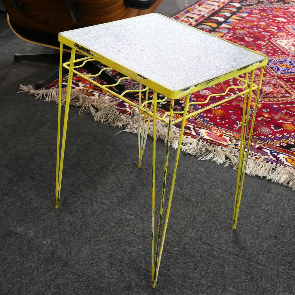 RETRO YELLOW PAINTED METAL SIDE TABLE, GLASS TOP 420x370x585mm Image 1++