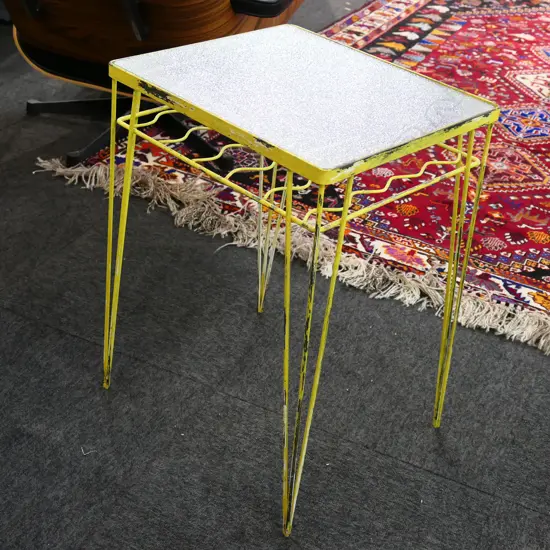 RETRO YELLOW PAINTED METAL SIDE TABLE, GLASS TOP 420x370x585mm
