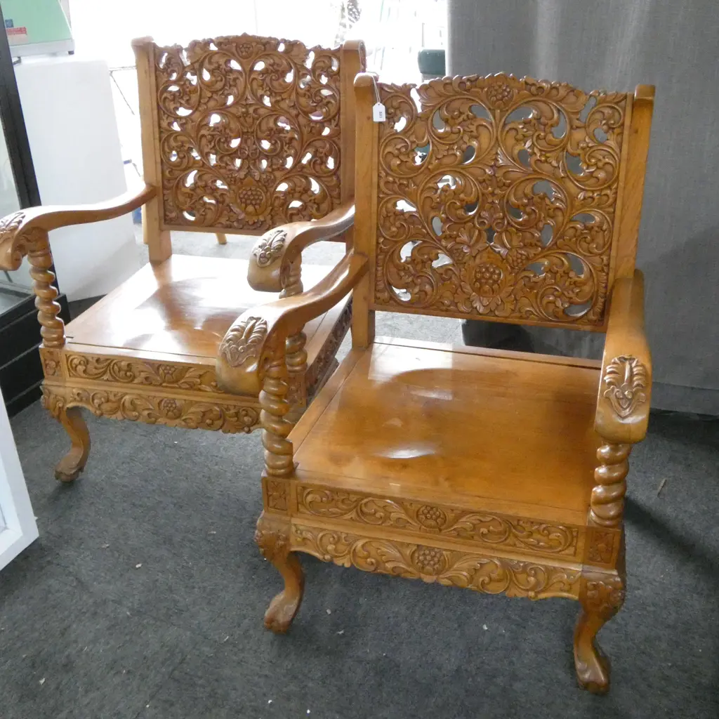 PR INDONESIAN CARVED TEAK ARMCHAIRS 650x650x900mm Image 1++
