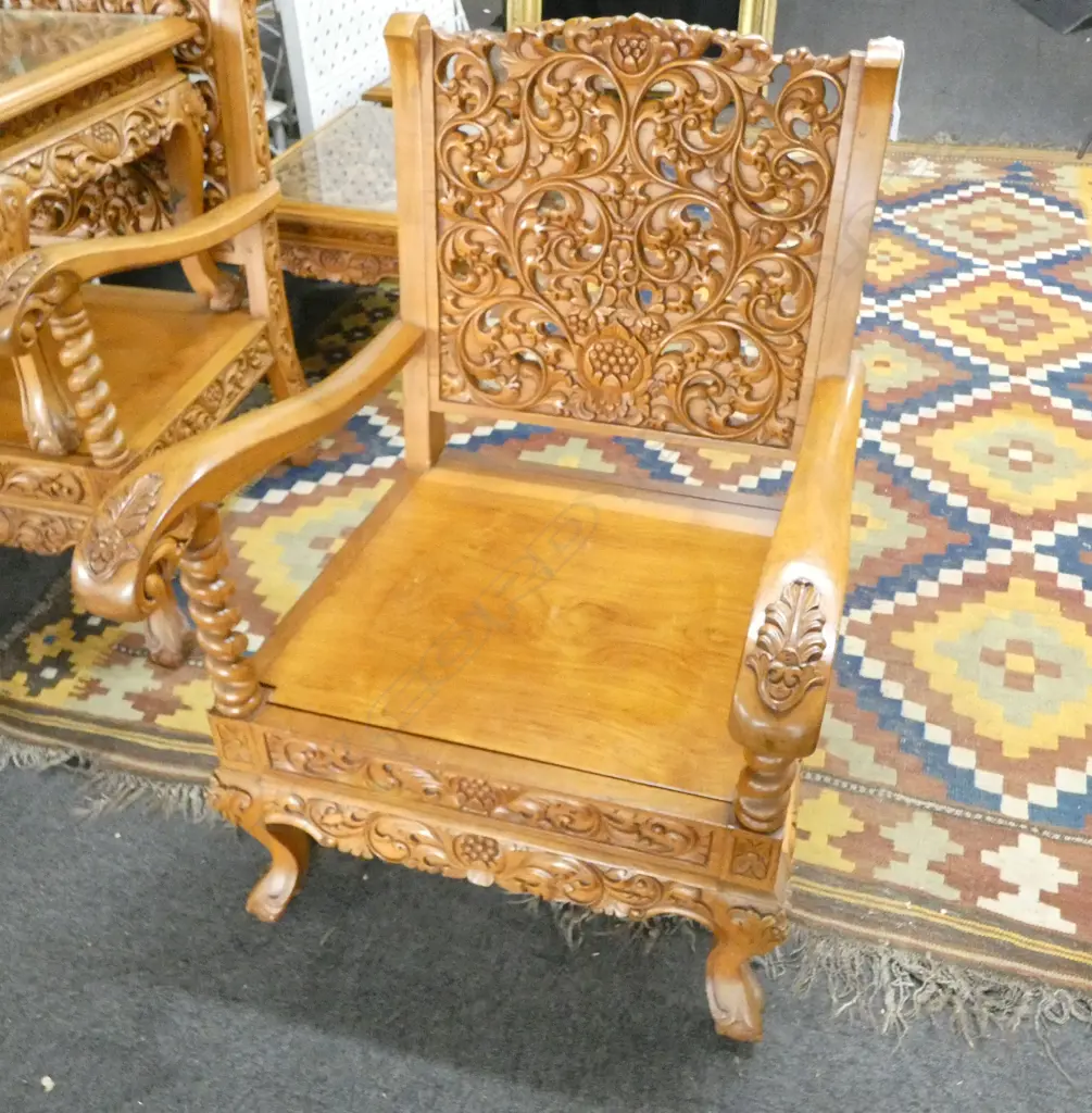 INDONESIAN CARVED TEAK ARMCHAIR 650x650x900mm Image 1++