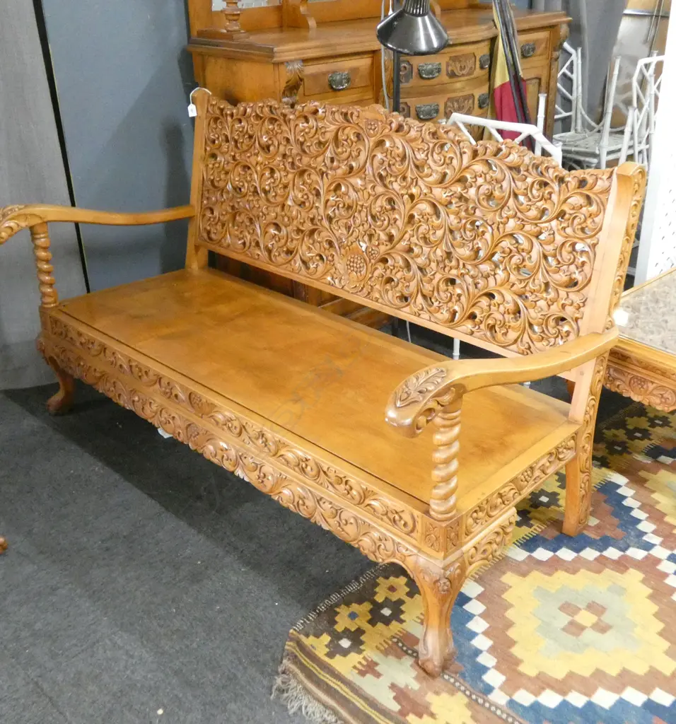 INDONESIAN CARVED TEAK SOFA 1560x600x920mm Image 1++