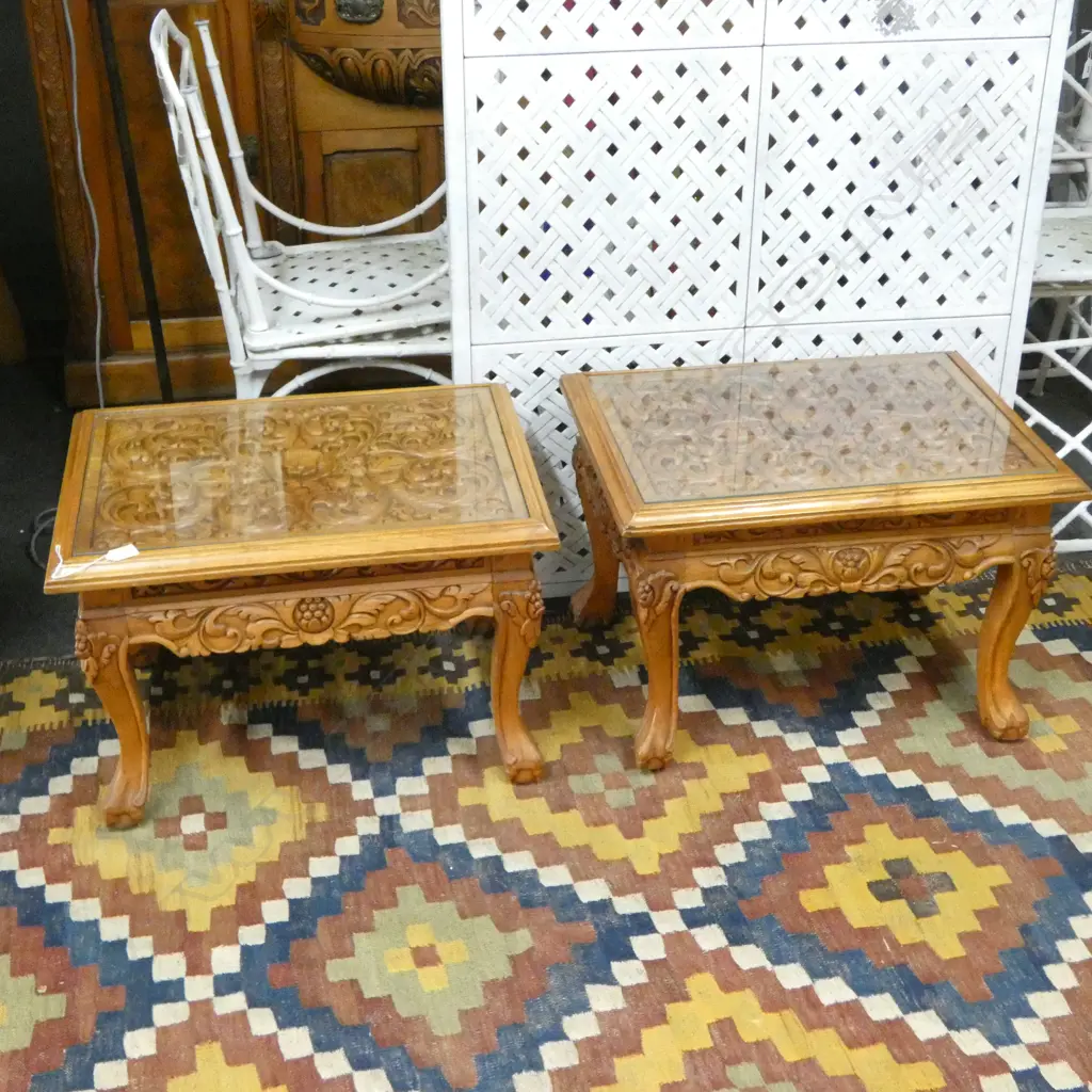 PR INDONESIAN CARVED TEAK SIDE TABLES 620x465x415mm Image 1++