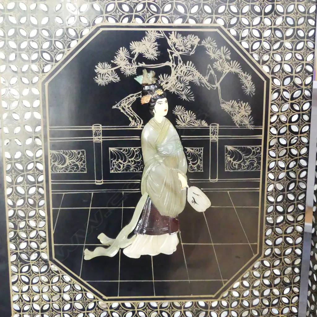 CHINESE SIX PANEL SCREEN DECORATED & INLAID WITH MOTHER OF PEARL VARIOUS HARD & SOFT STONE FIGURES URNS ETC Image 1++