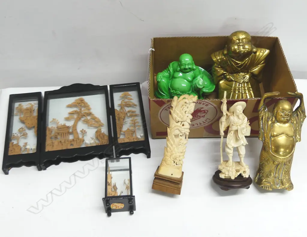 7 ORIENTAL PCS  3 HOTEI 2 CORK CARVINGS H200MM TALLEST & 2 CARVED PCS Image 1++