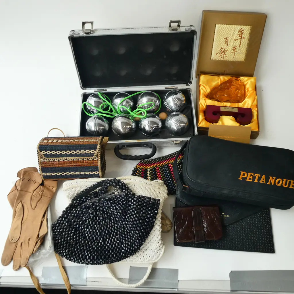 ASST COSTUME BAGS, GLOVES, etc w. 2 PETANQUE SETS, etc Image 1++