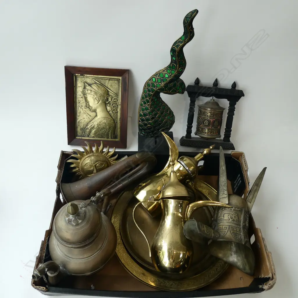 ASST. COPPER & BRASS; 2 BRASS JUGS, 2 TRAYS, JUE, PRAYER WHEEL etc Image 1++