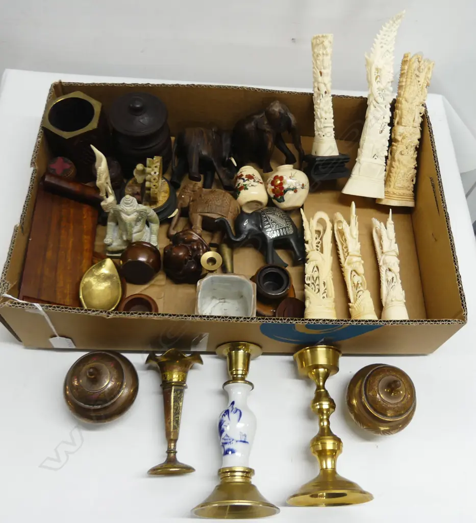 COLLECTION OF BONE CARVINGS BRASS & WOOD PCS ETC Image 1++