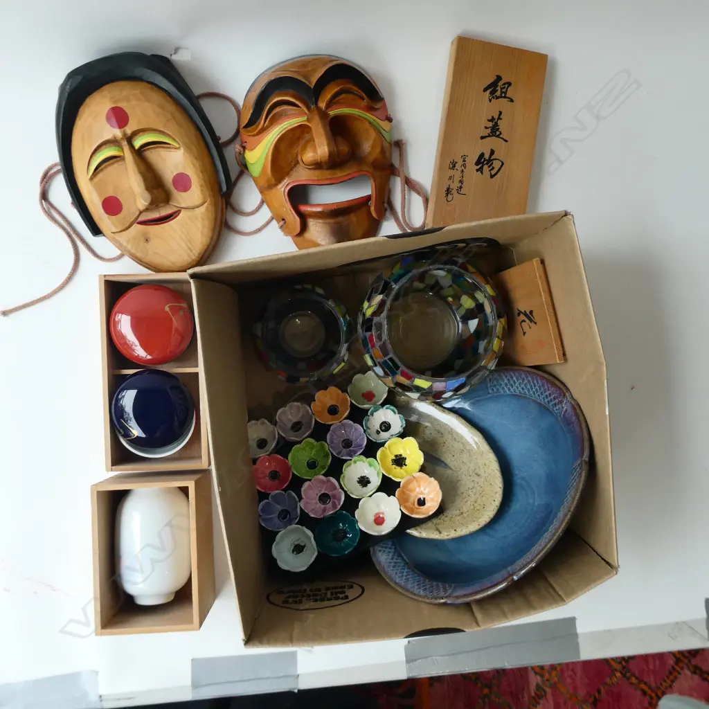 ASST NZ POTTERY, JAPANESE MASKS, MOSAIC GLASS etc Image 1++