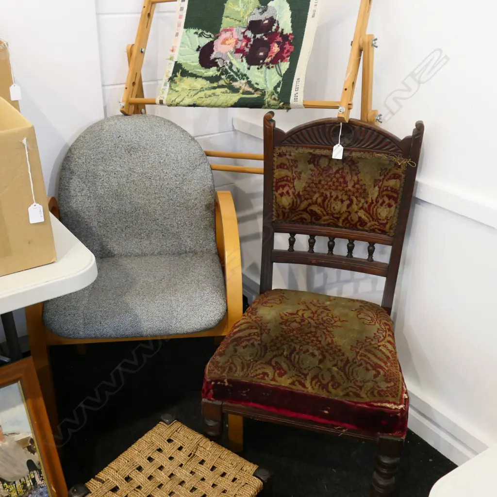 2 CHAIRS: OFFICE & EDWARDIAN + STOOL & NEEDLEWORK FRAME Image 1++