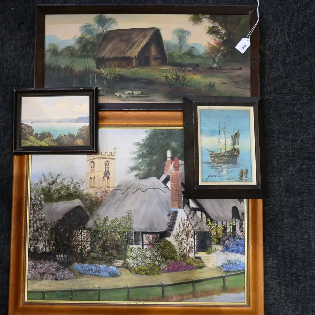 4 OIL ON BOARD ARTWORKS INCL. DE RITZ 'MAORI WHARE' 215x495mm Image 1++
