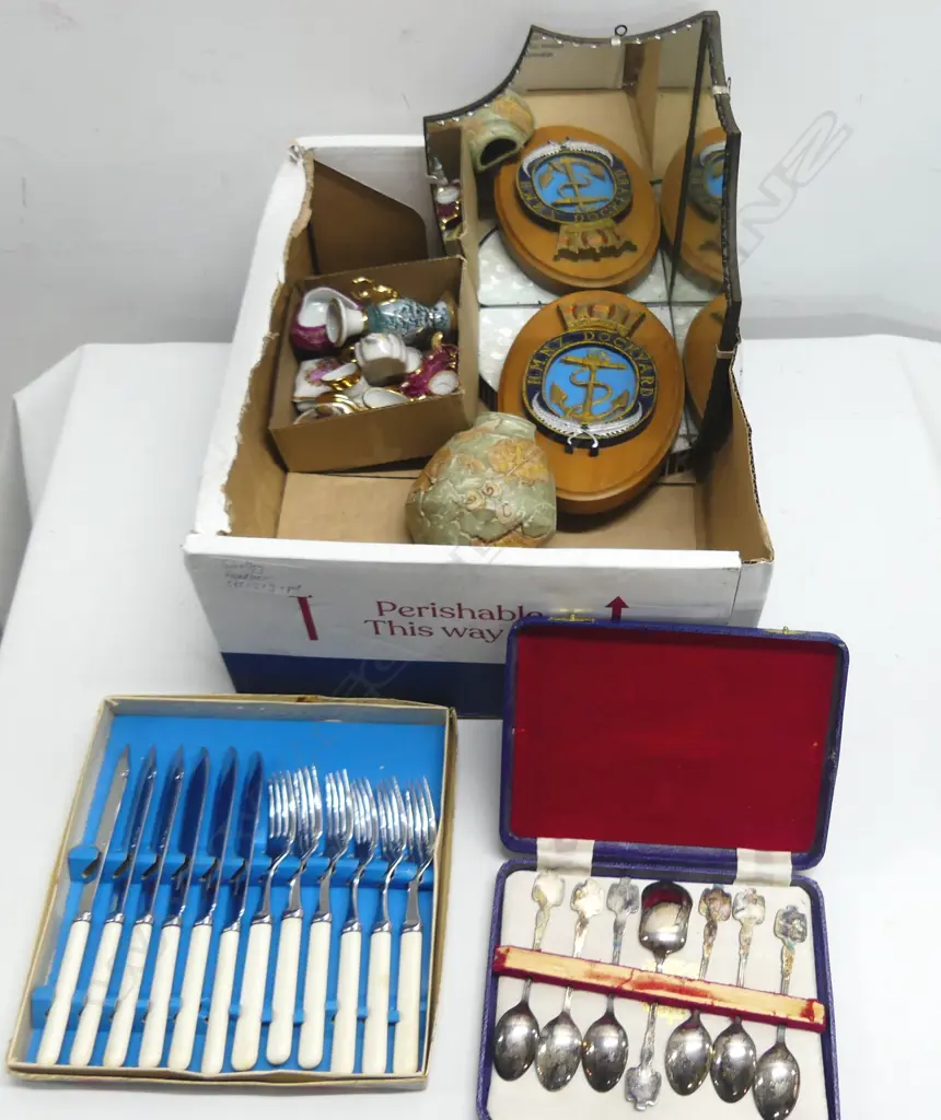 COLLECTABLE ITEMS; DECO CORNER WALL MIRROR, H.280mm, LIMOGES MINIS, VINTAGE CUTLERY, HMNZ DOCKYARD PLAQUE & WALL VASE Image 1++
