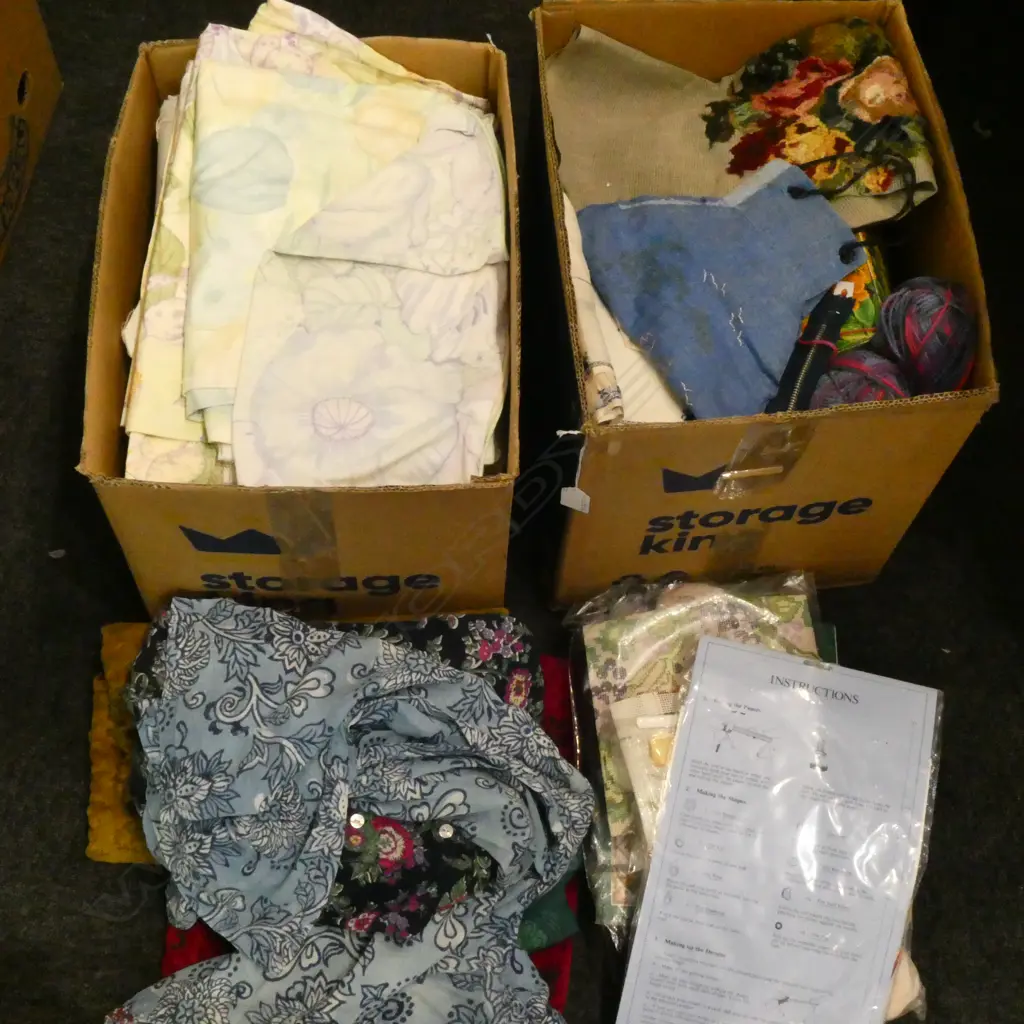 2 BOXES ASST. FABRICS; LINENS, QUILTING ETC Image 1++