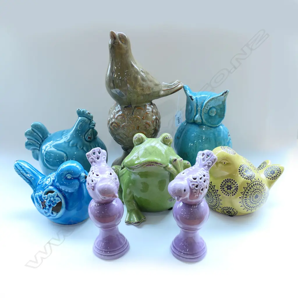 7 GLAZED CERAMIC BIRDS H.305mm + FROG Image 1++