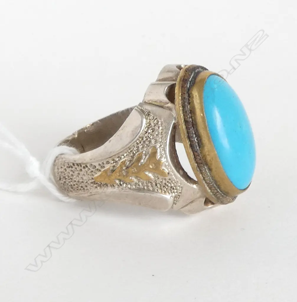 INDONESIAN SILVER & TURQUOISE SIGNET RING 13.9grms SIZE W Image 1++