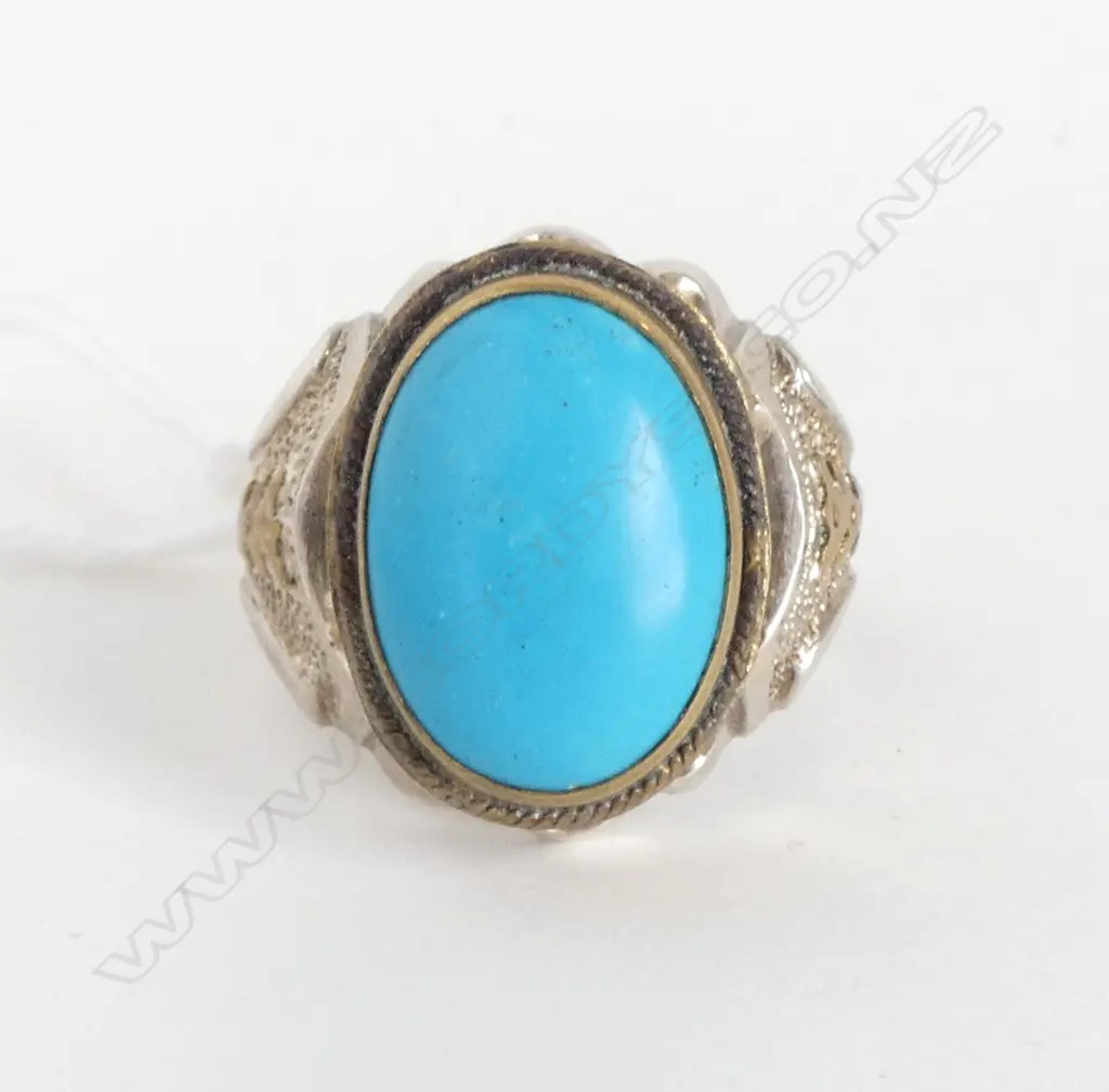 INDONESIAN SILVER & TURQUOISE SIGNET RING 13.9grms SIZE W Image 1++