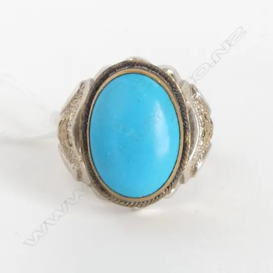 INDONESIAN SILVER & TURQUOISE SIGNET RING 13.9grms SIZE W