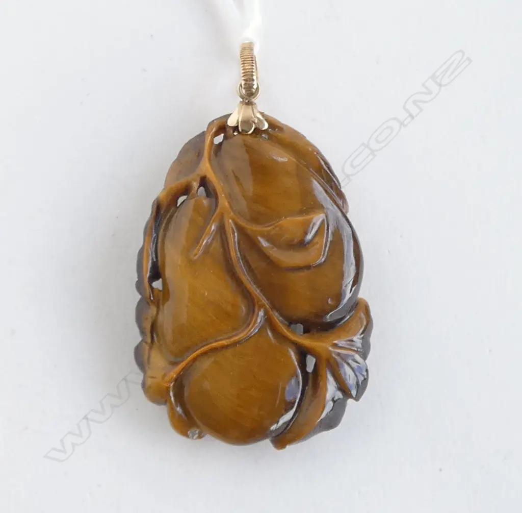 CARVED TIGERSEYE PENDANT w. 14CT BAIL 50x35mm Image 1++