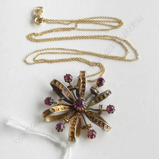 9ct ALMANDINE? GARNET PENDENT; GOLD CHAIN, SOME STONES MISSING, 5.5grms