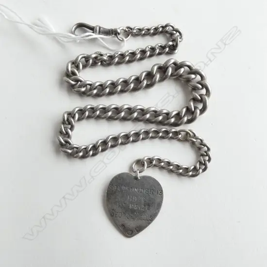c1900 SILVER GRADUATED CURB LINK ALBERT CHAIN with heart 1st prize 1903 Aquatics medallion. L.360mm. 41gms