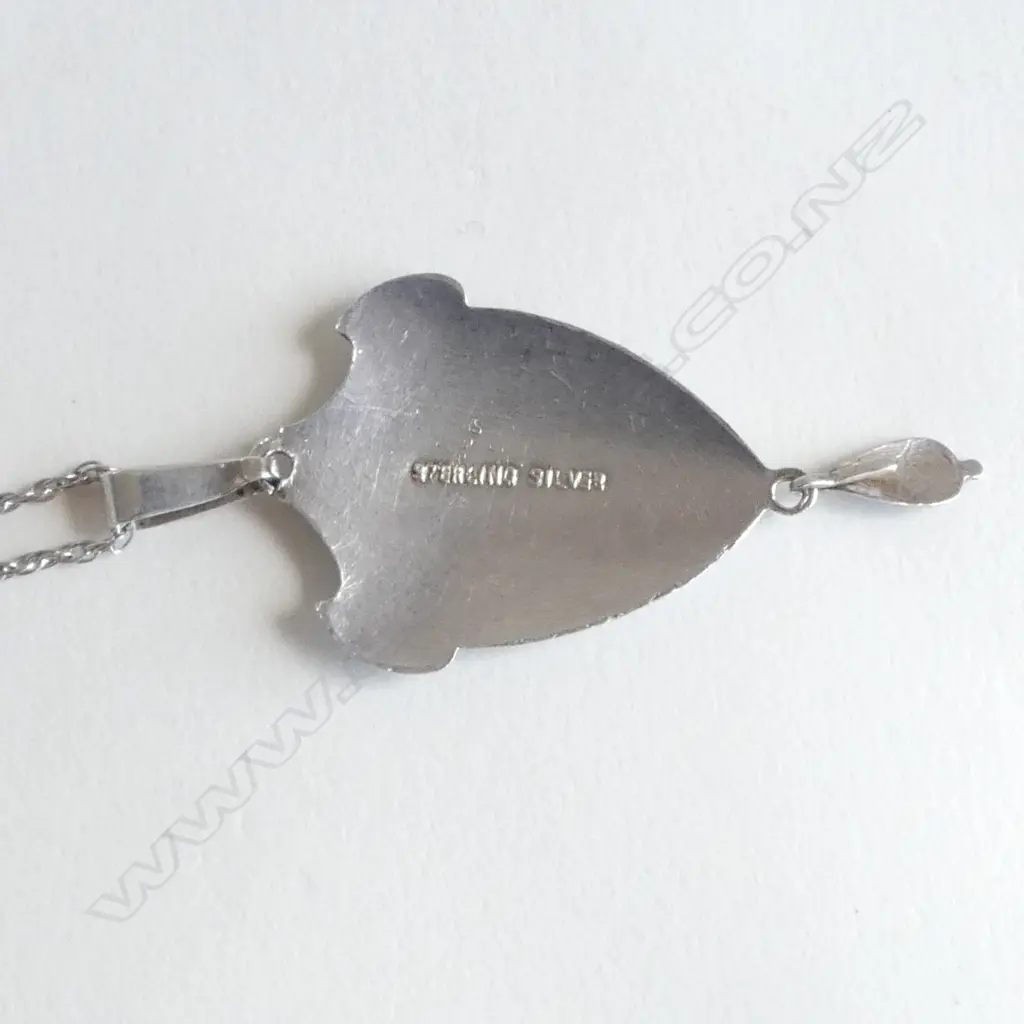 ARTS & CRAFTS SILVER & ENAMEL PENDANT fuchsia decoration. On silver chain Image 1++