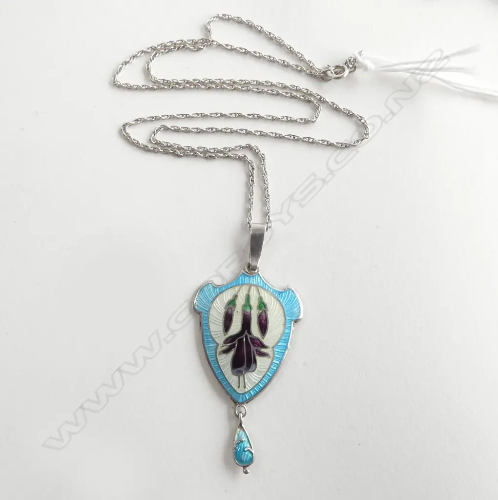 ARTS & CRAFTS SILVER & ENAMEL PENDANT fuchsia decoration. On silver chain Image 1++