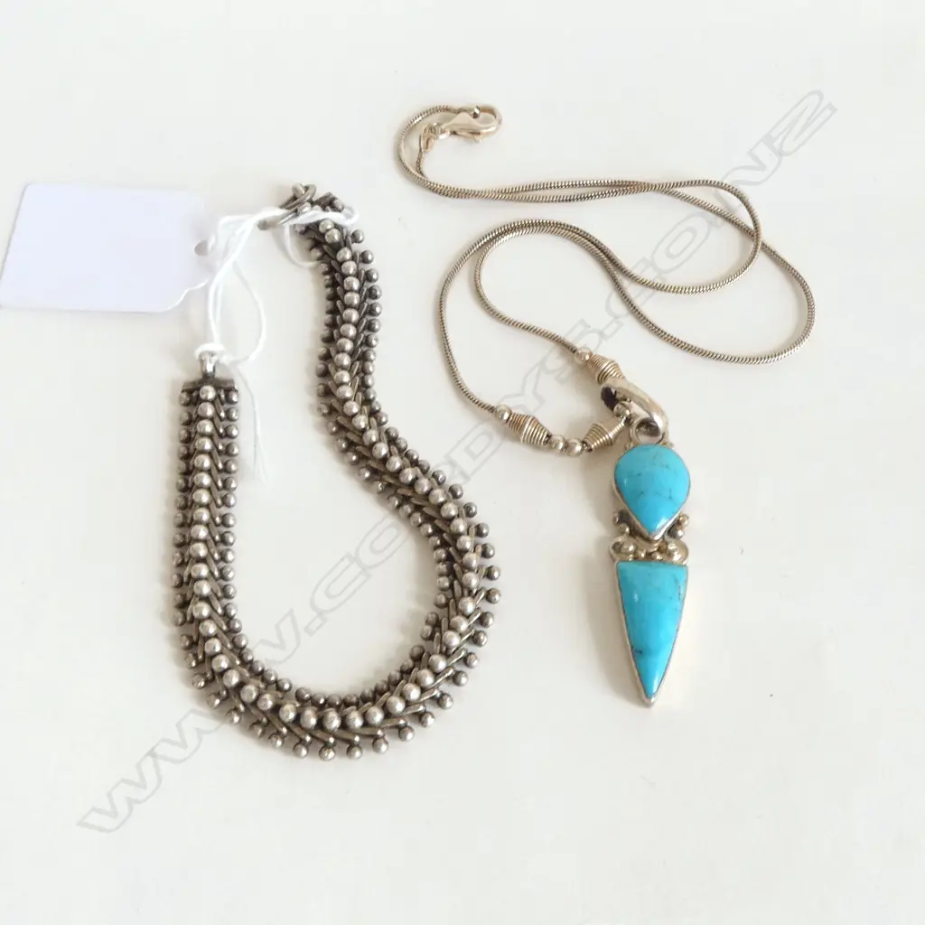 SILVER & TURQUOISE NECKLACE 11.2grms w. SILVER BRACELET 25.2grms Image 1++