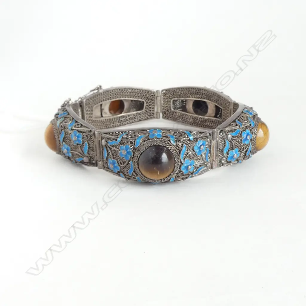 CHINESE SILVER BRACELET w. TIGERS EYE Image 1++