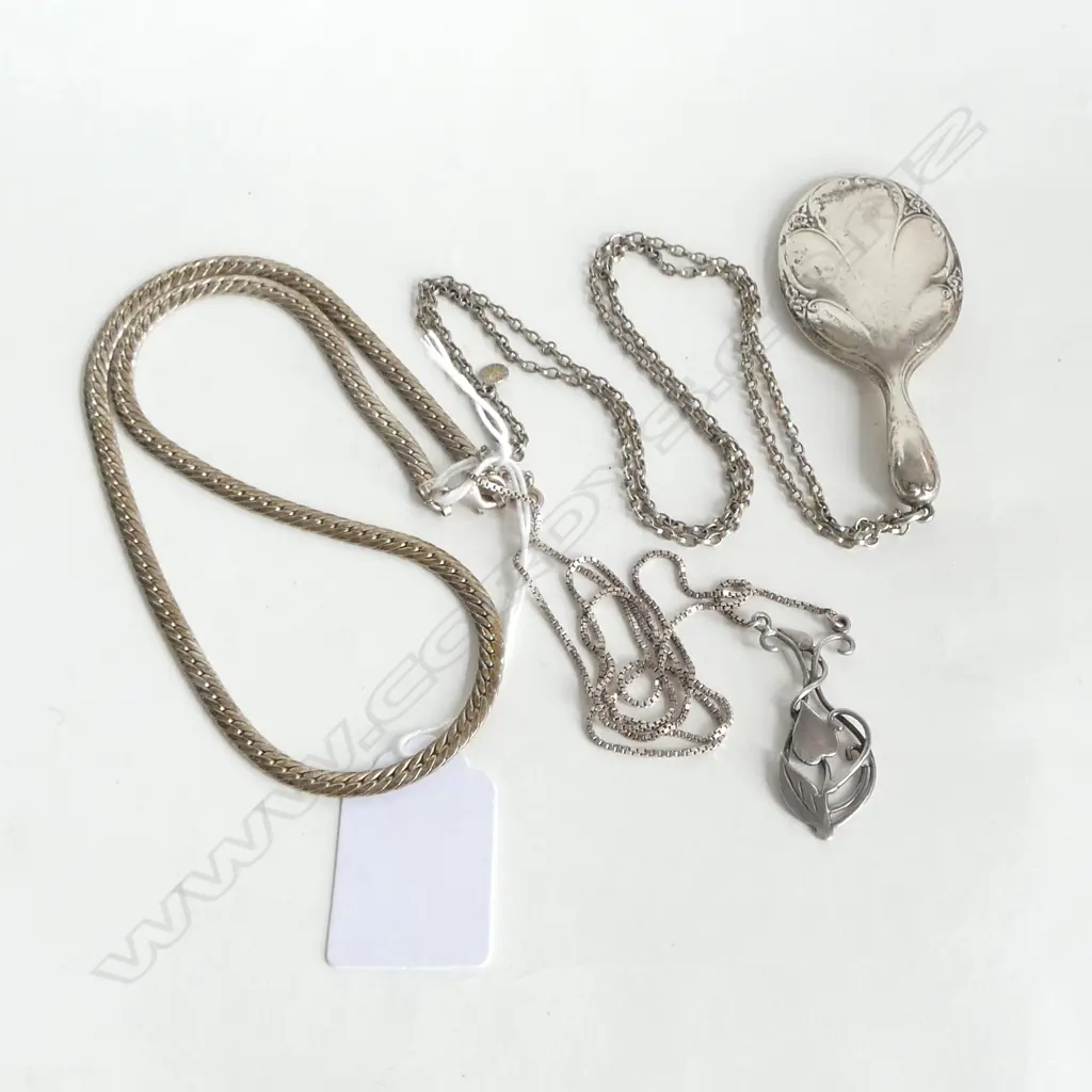 3 SILVER NECKLACES: 1 W SILVER MINI HANDMIRROR PENDANT + ART NOUVEAU STYLE PENDANT Image 1++