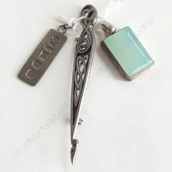 SILVER HALLMARKED INGOT + SILVER CELTIC BROOCH + SILVER & AGATE ? PENDANT