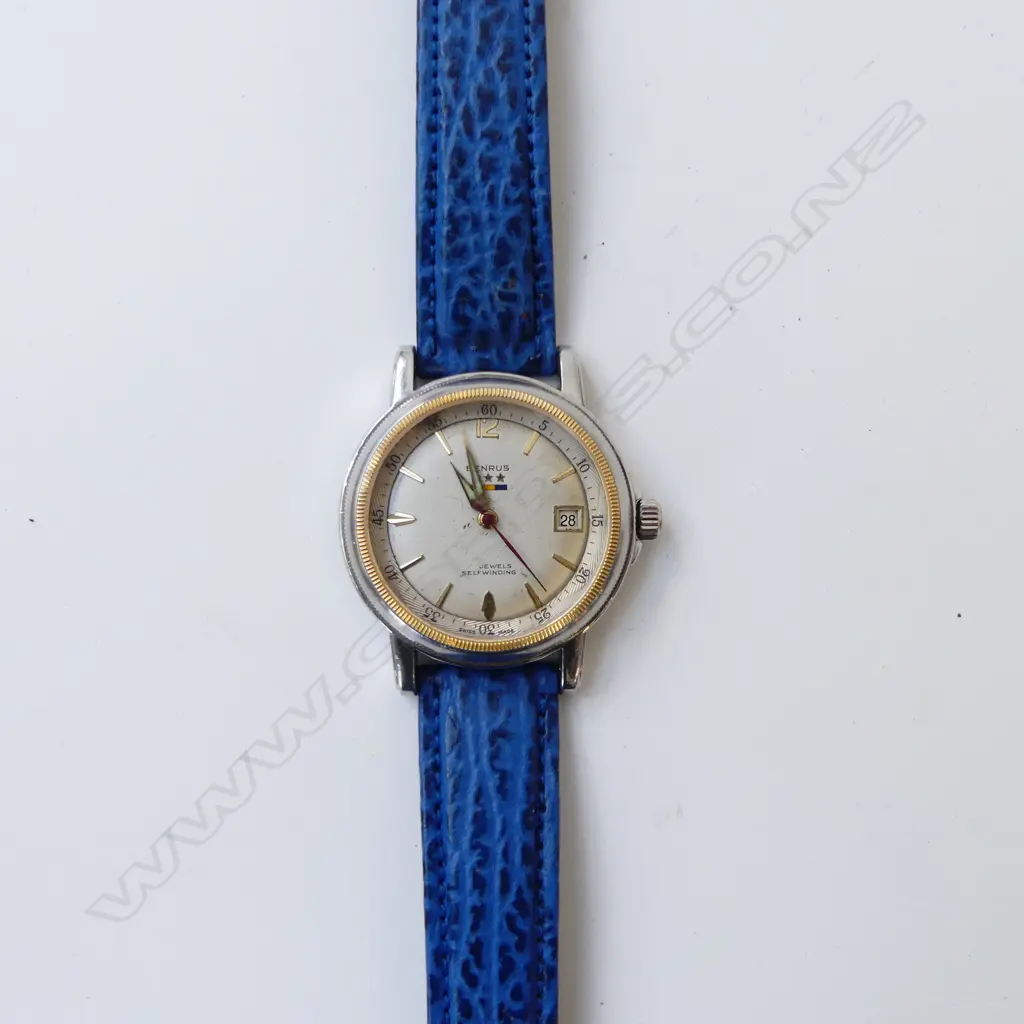 GENTS BENRUS WRIST WATCH - STAINLESS STEEL w. GILDED BEZEL Image 1++