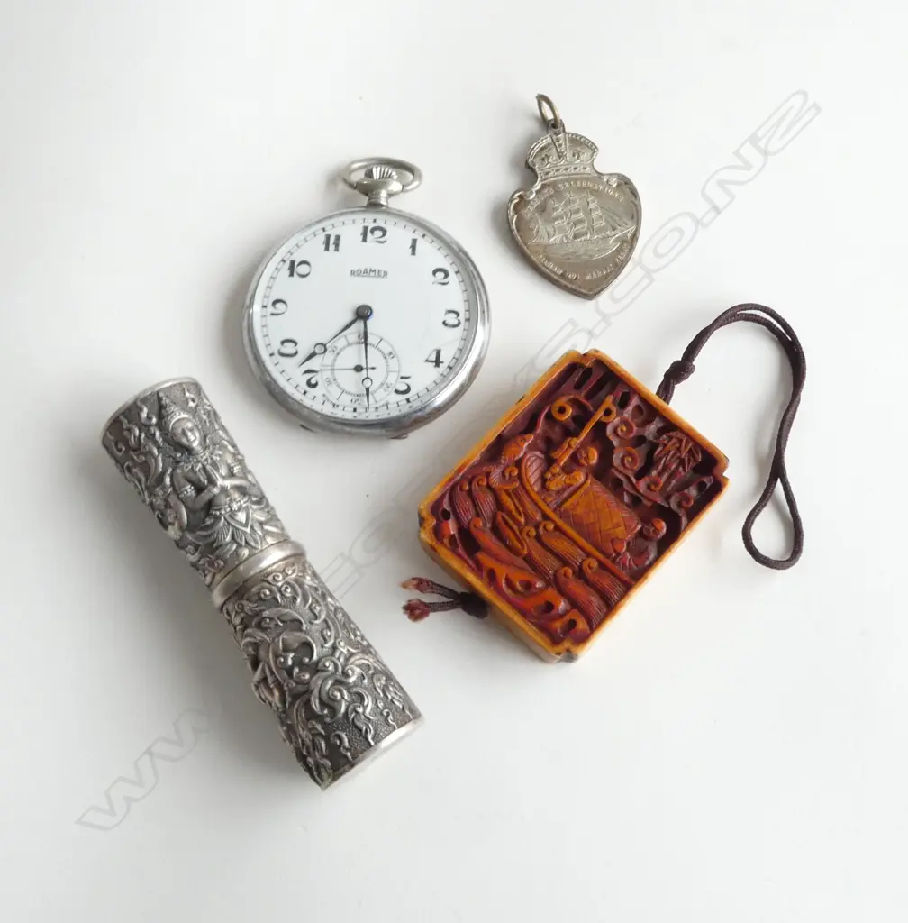 'SIAM STERLING' SILVER EMBOSSED CASE + ROAMER POCKET WATCH + NELSON MEDALLION + CHINESE PANEL probably resin Image 1++