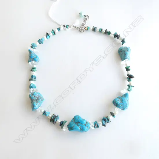 TURQUOISE, F/W PEARL & QUARTZ NECKLACE L.440mm