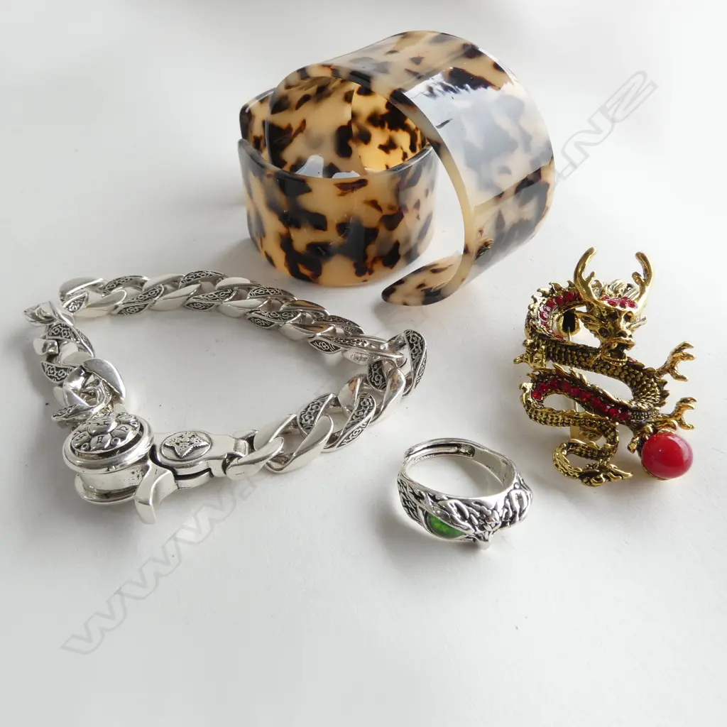 2 CUFFS, HEAVY COSTUME BRACELET, DRAGON BROOCH & OWL RING, ALL NEW Image 1++