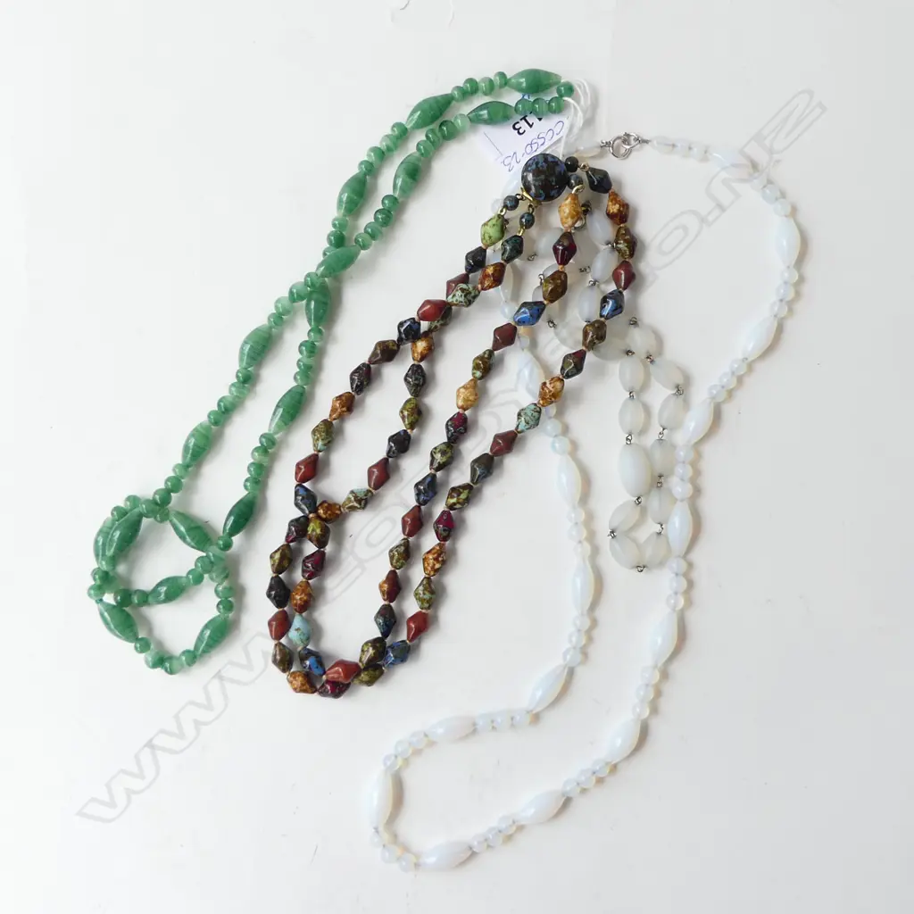 4 VINTAGE NECKLACES: 3 GLASS & 1 DBLE STRAND W COLOURED tapered beads Image 1++