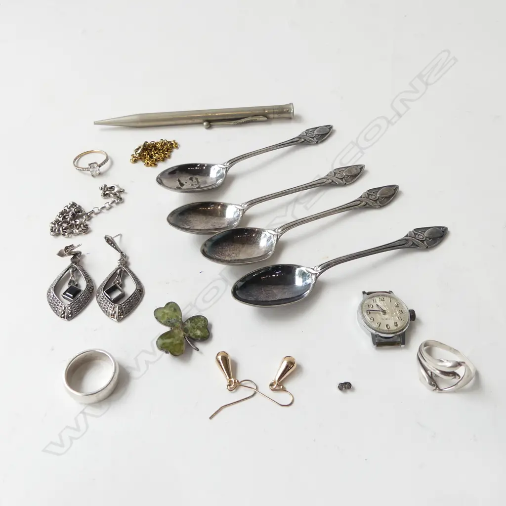 SILVER RINGS ETC: DOLPHIN ring + BRACELET + SILVER CLOVER BROOCH + EP SPOONS ETC Image 1++