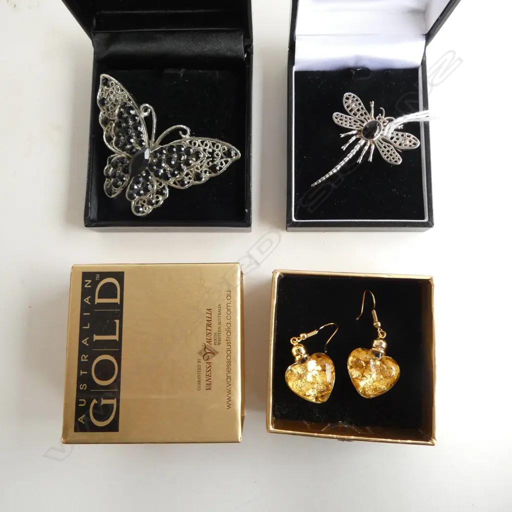 SILVER DRAGONFLY BROOCH BOXED + COSTUME BUTTERFLY BROOCH + 'AUSTRALIAN GOLD in glass hearts EARRINGS Image 1++